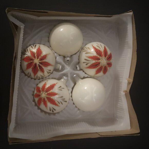 VTG Doubl-Glo by Noma Fine Quality Glass Christmas Tree Ornaments White w/ Red - Picture 5 of 7